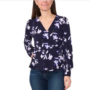 Sam & Jess Petite Printed Faux-Wrap Long-Sleeve Top - Navy/White SZ:XLP